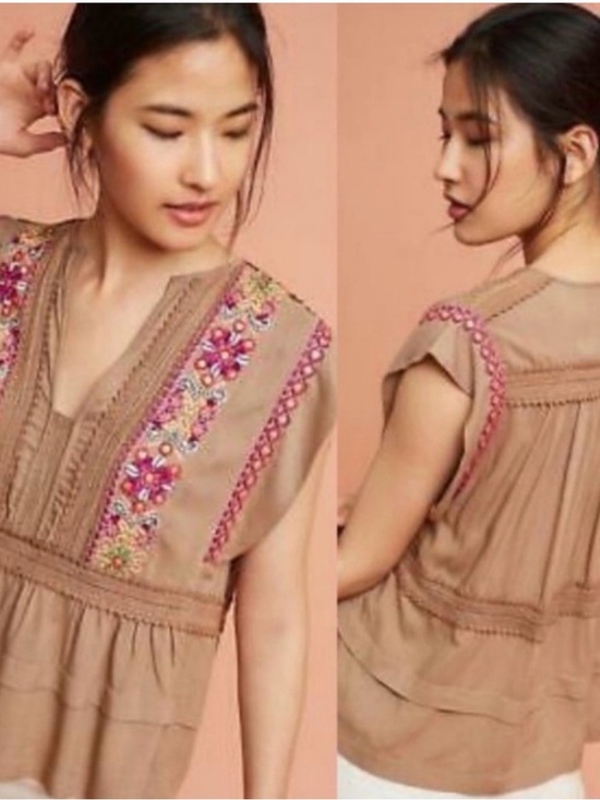 Tops - Boho Embroidered Peasant Top in Taupe XS Fits like a small